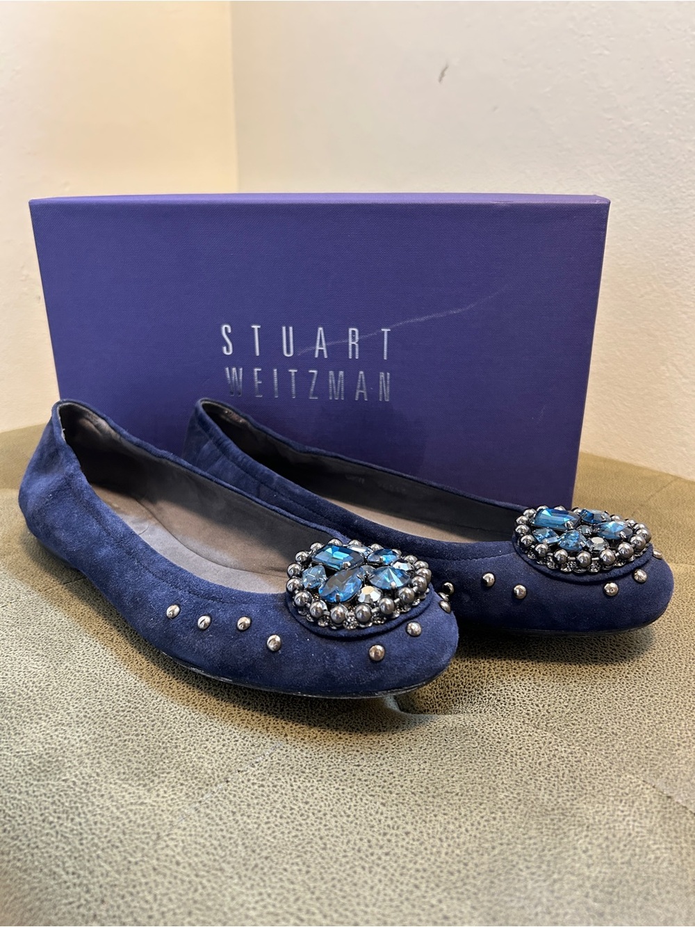 Stuart Weitzman Navy Suede Jeweled Flats